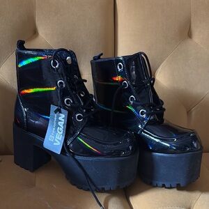 T.U.K Black Holographic Lace Up Boots